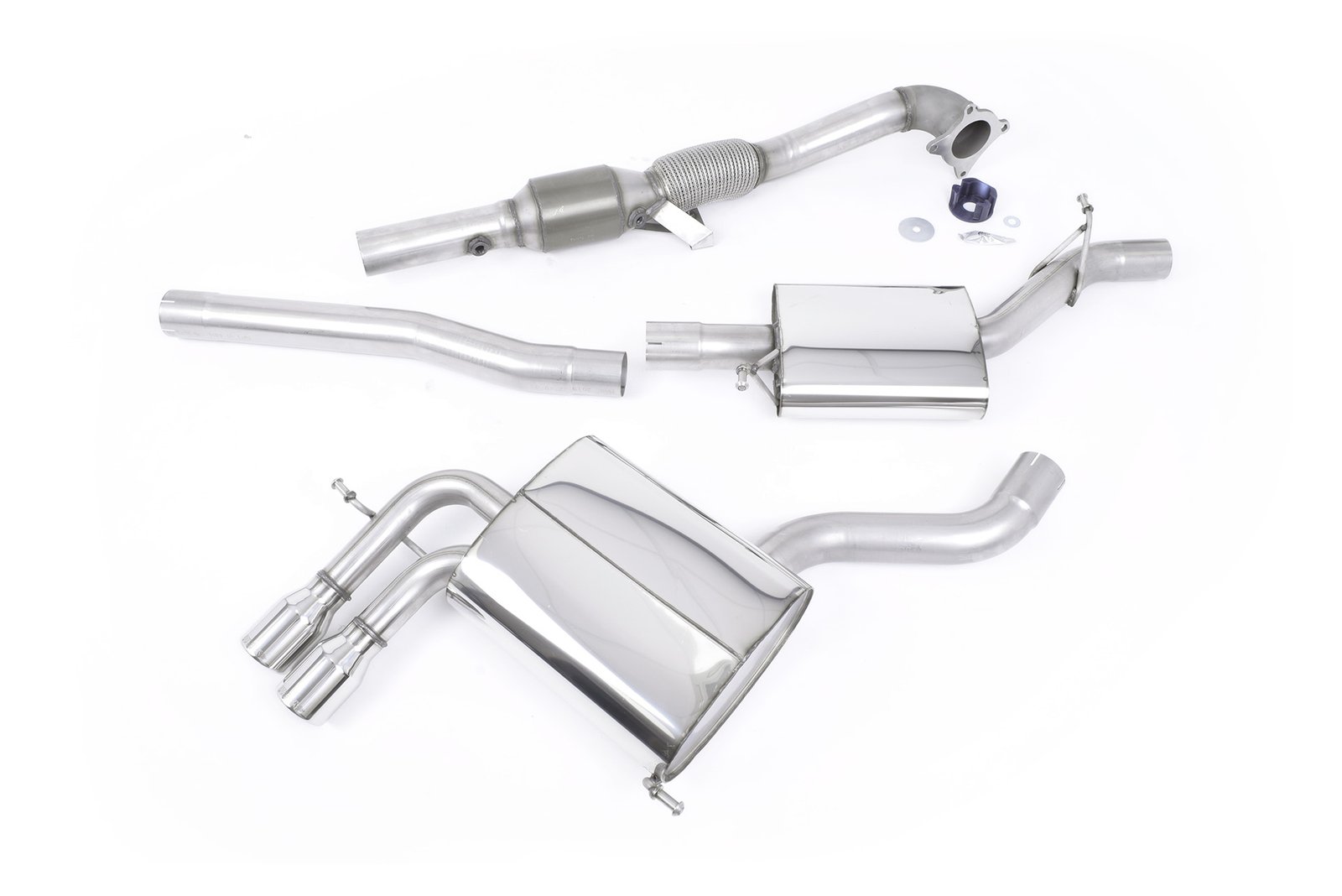 Audi A3 2.0T FSI Quattro – escape turbo-back resonado (sonido más discreto) con catalizador deportivo de alto flujo con salidas pulidas