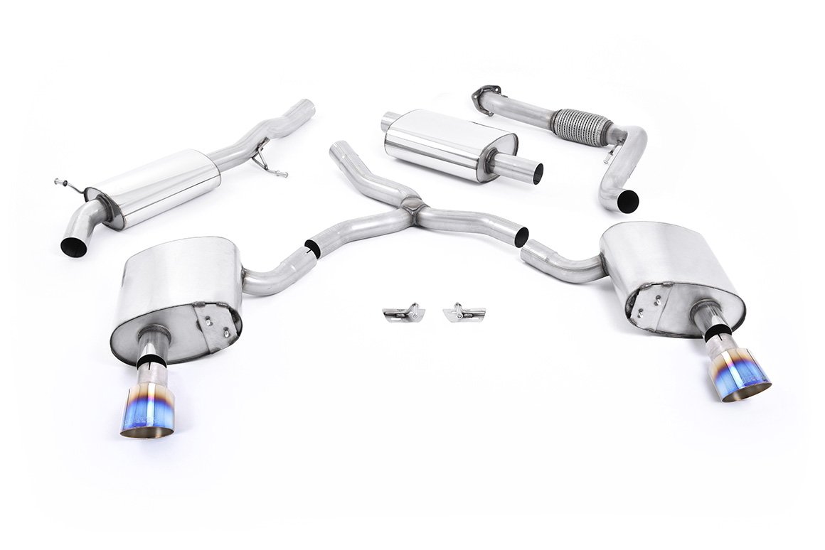 Audi A4 2.0 B9 Quattro – Escape cat-back resonado (sonido más discreto) con salidas dobles GT-100 de titanio azulado