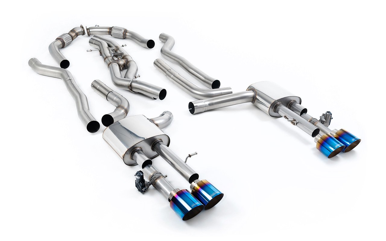 Audi S8 D5 V8 (batalla larga) – escape cat-back no resonado (sonido más intenso) con salidas de titanio azulado