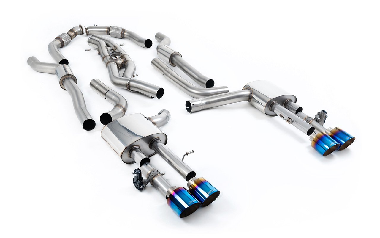Audi S8 D5 V8 (batalla larga) – escape cat-back resonado (sonido más discreto) con salidas de titanio azulado