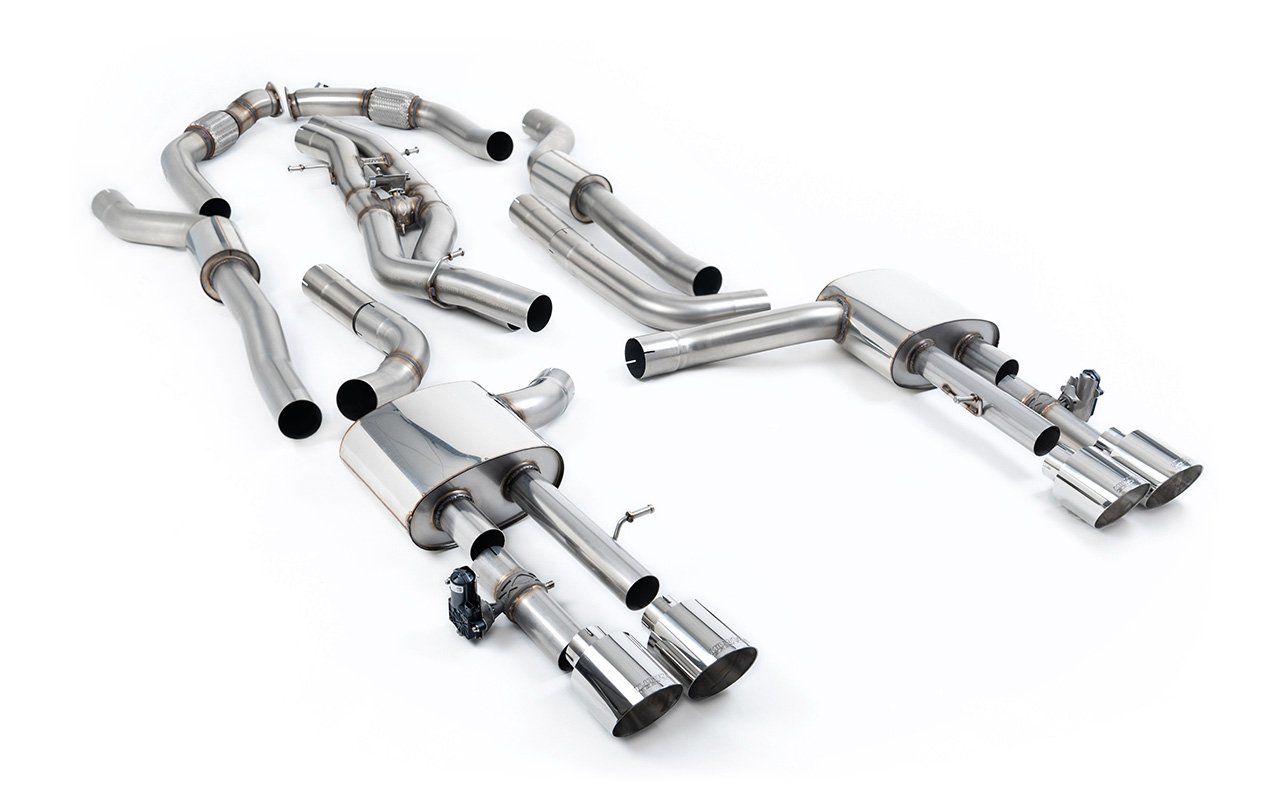 Audi S8 D5 V8 (batalla larga) – escape cat-back resonado (sonido más discreto) con salidas pulidas