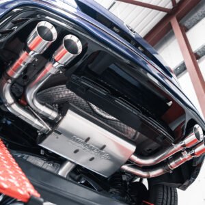VW Tiguan R EA888.4 MQB EVO (modelos con GPF) – escape desde OPF/GPF no resonado (sonido más intenso) con salidas GT-100 pulidas – reutiliza los actuadores originales de las válvulas