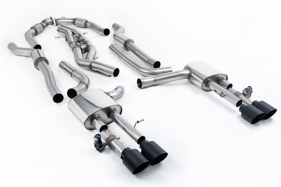 Audi S8 D5 V8 (batalla larga) – resonado (más discreto) cat-back con colas negras Cerakote