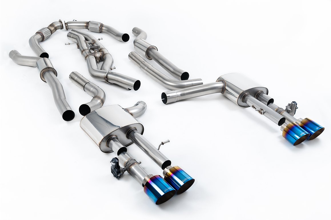 Audi S8 D5 V8 (batalla larga) – resonado (más discreto) cat-back con colas de titanio azul/quemado