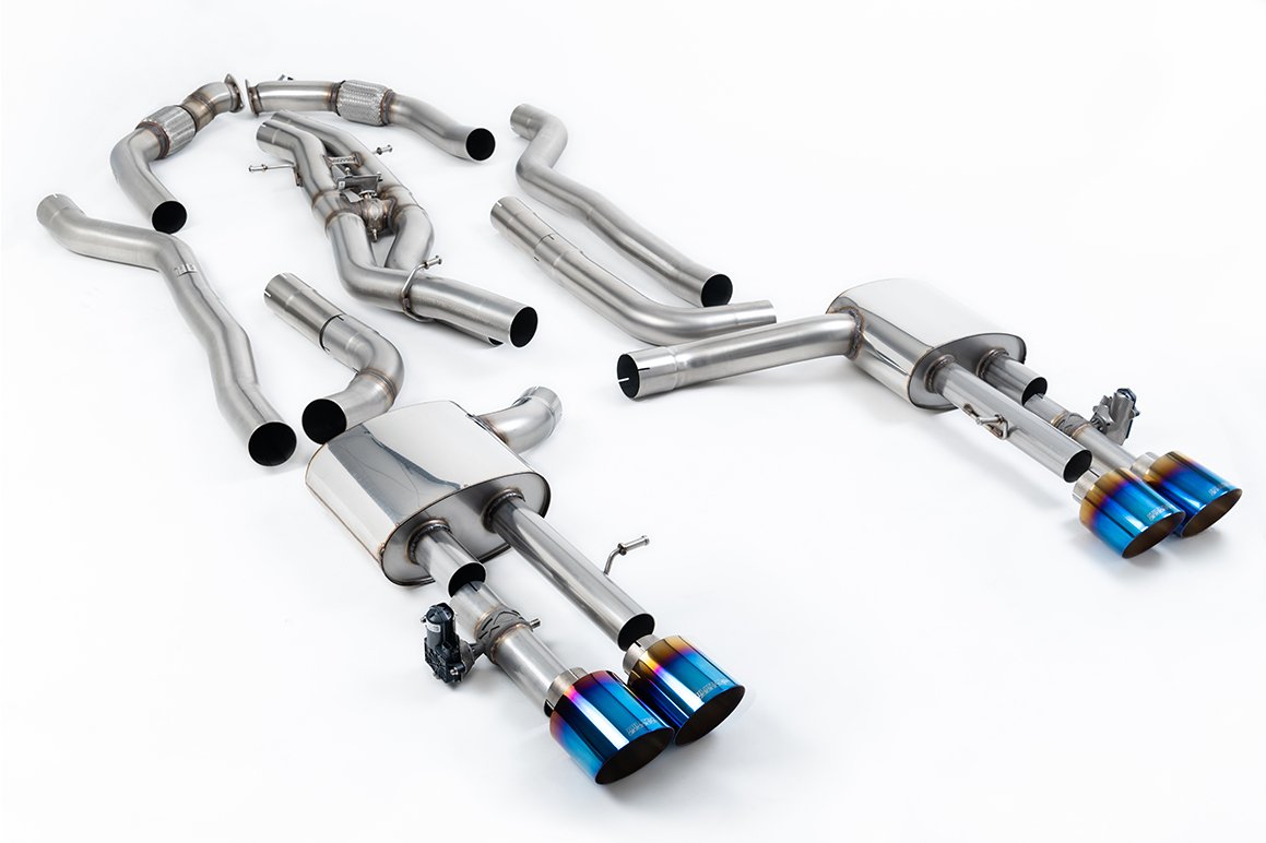Audi S8 D5 V8 (batalla larga) – no resonado (más sonido) cat-back con colas de titanio azul/quemado