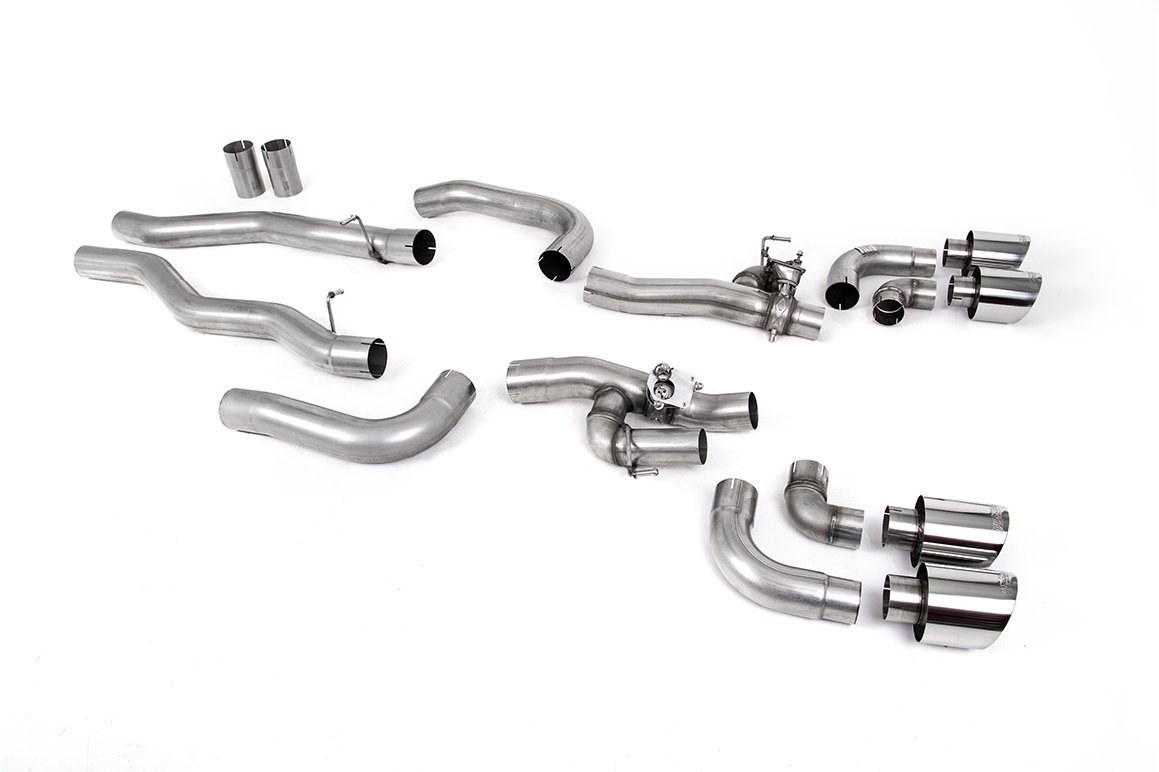 BMW M8 F91/92/93 (GPF Equipped) – sistema desde OPF/GPF con válvulas bypass de silencioso trasero y colas GT-115 pulidas
