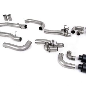 BMW M8 F91/92/93 (GPF Equipped) – sistema desde OPF/GPF con válvulas bypass de silencioso trasero y colas GT-115 negras Cerakote