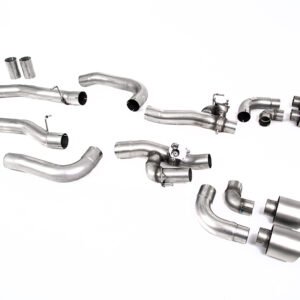 BMW M8 F91/92/93 (GPF Equipped) – sistema desde OPF/GPF con válvulas bypass de silencioso trasero y colas GT-115 de titanio cepillado