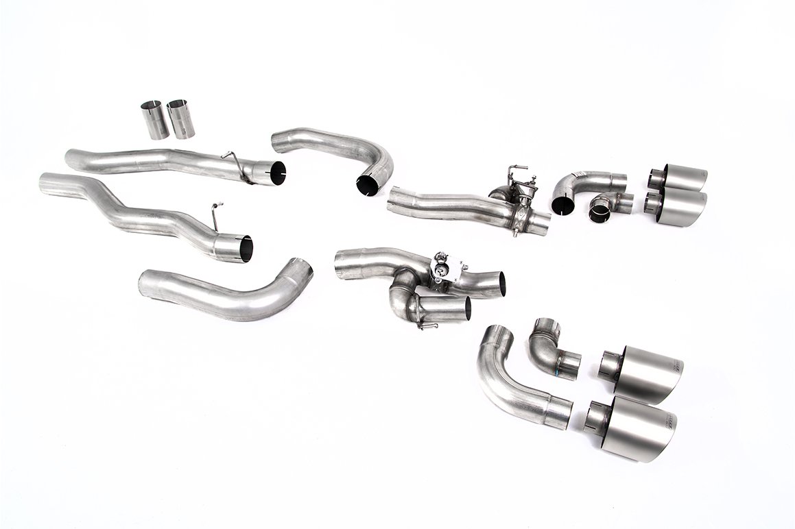 BMW M8 F91/92/93 (GPF Equipped) – sistema desde OPF/GPF con válvulas bypass de silencioso trasero y colas GT-115 de titanio cepillado
