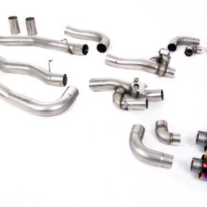 BMW M8 F91/92/93 (GPF Equipped) – sistema desde OPF/GPF con válvulas bypass de silencioso trasero y colas GT-115 de titanio azul/quemado