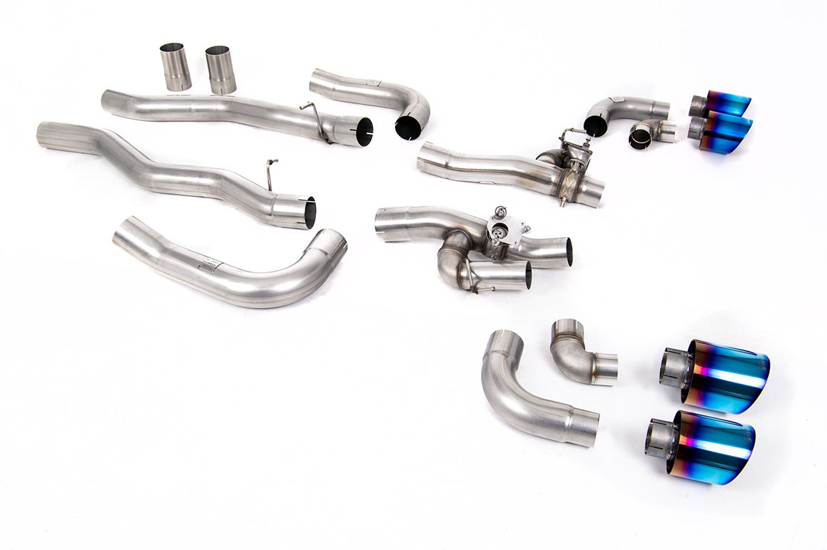 BMW M8 F91/92/93 (GPF Equipped) – sistema desde OPF/GPF con válvulas bypass de silencioso trasero y colas GT-115 de titanio azul/quemado