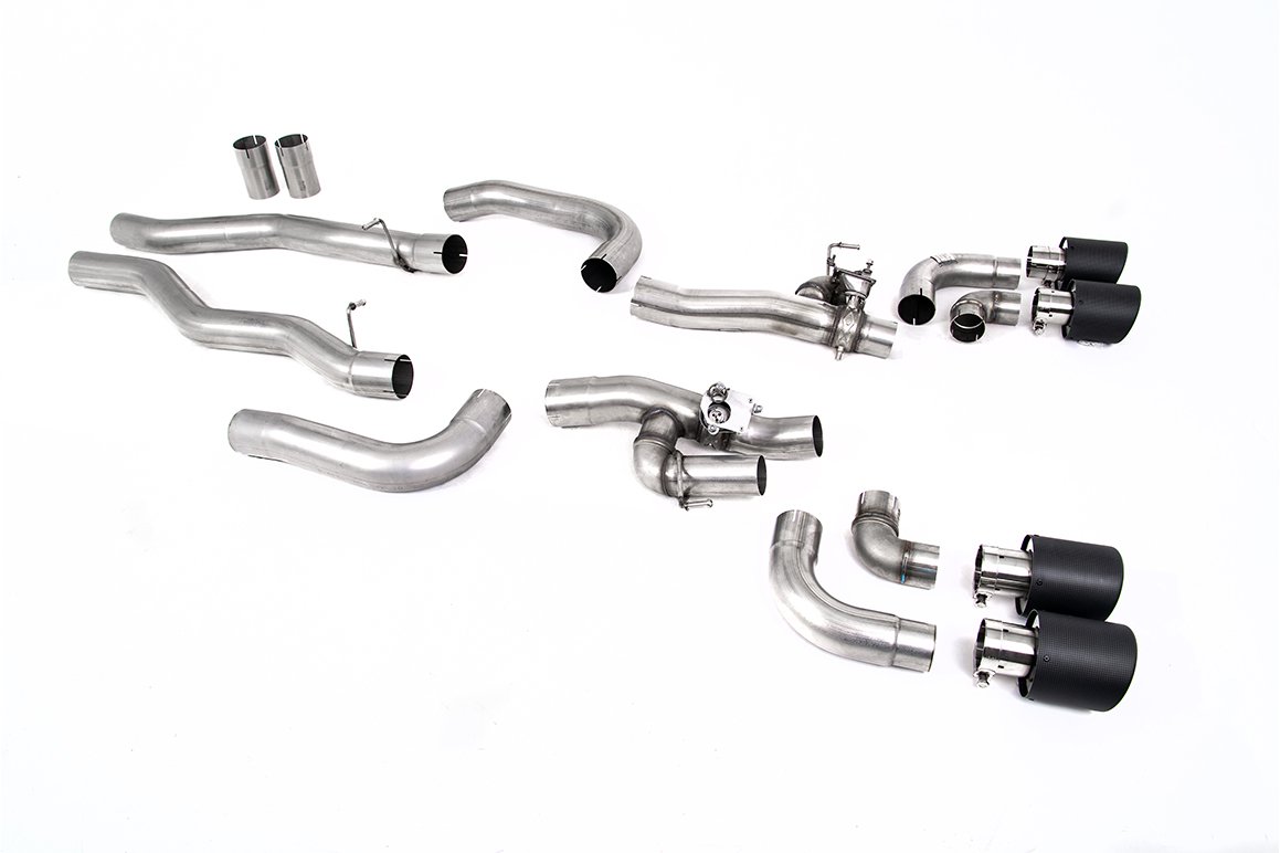 BMW M8 F91/92/93 (GPF Equipped) – sistema desde OPF/GPF con válvulas bypass de silencioso trasero y colas JET-115 de carbono