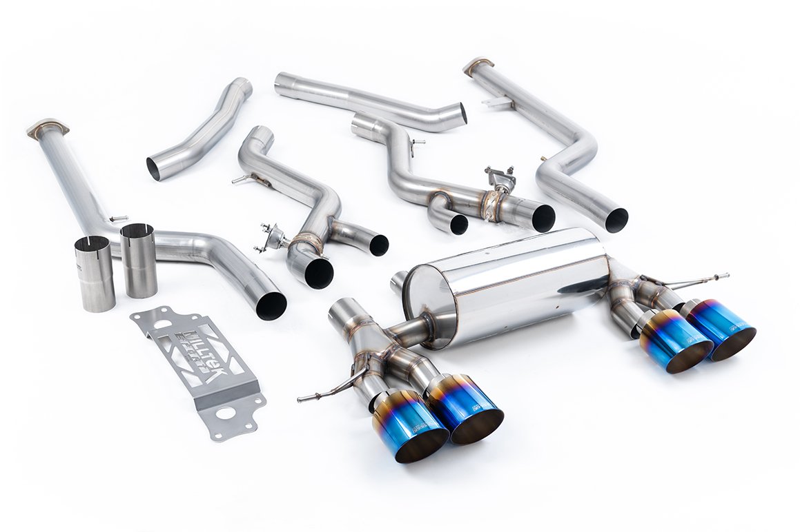 BMW G87 M2 – no resonado (sonido máximo) cat-back con colas GT-115 de titanio azul/quemado