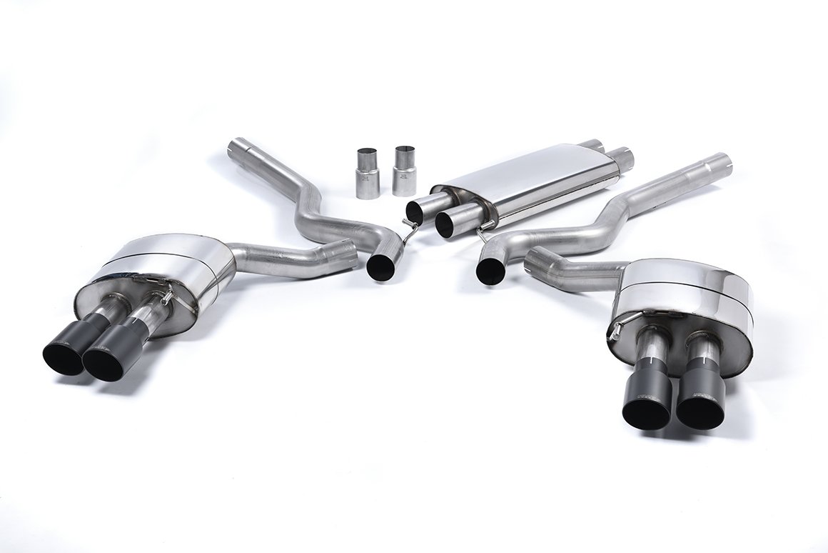 Ford Mustang 5.0 V8 GT (Fastback) – Resonated (Quieter) Cat-Back Exhaust System with Quad Black GT-90 Trims (For Roush Valance)