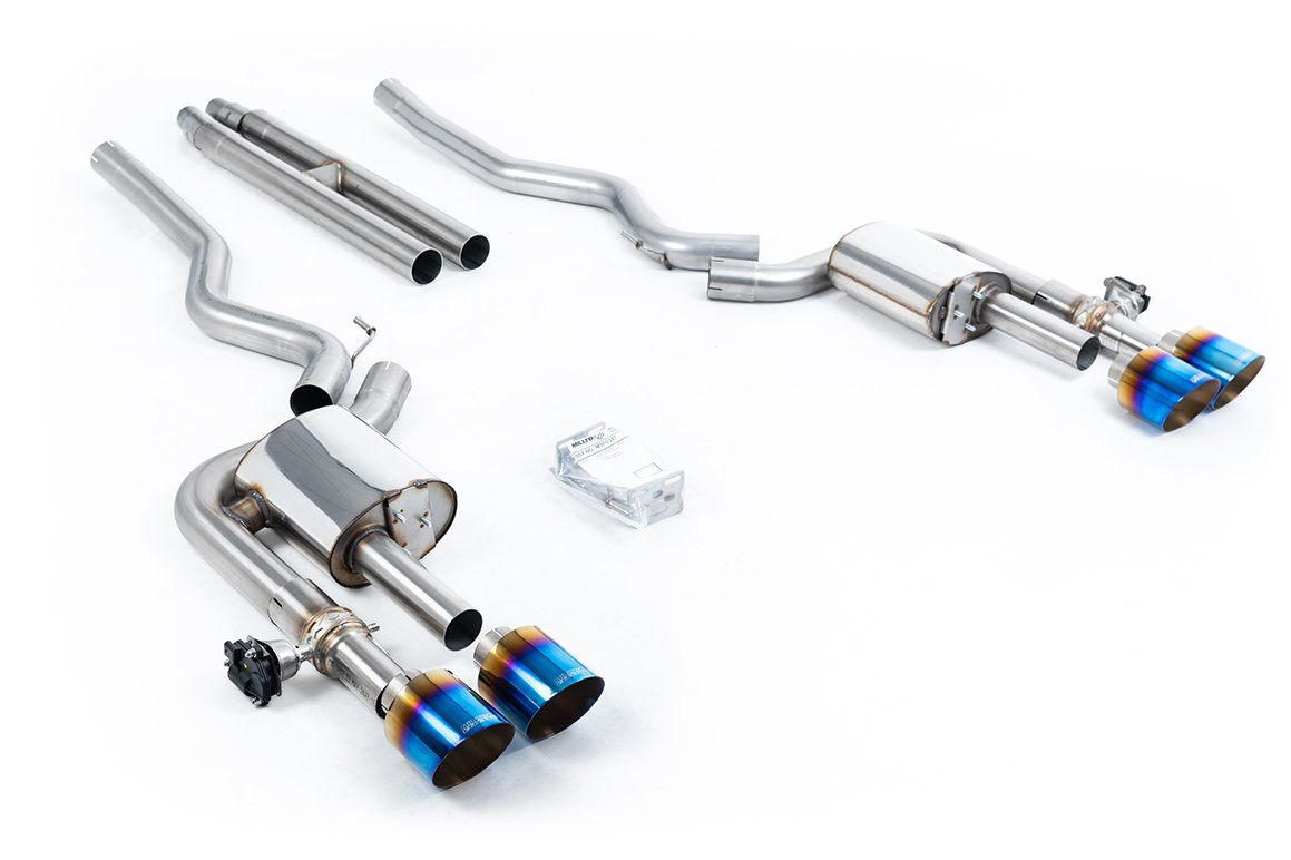 Ford Mustang 5.0 V8 Dark Horse/Mach 1 – Active con válvulas cat-back con H-Pipe y colas de titanio azul/quemado