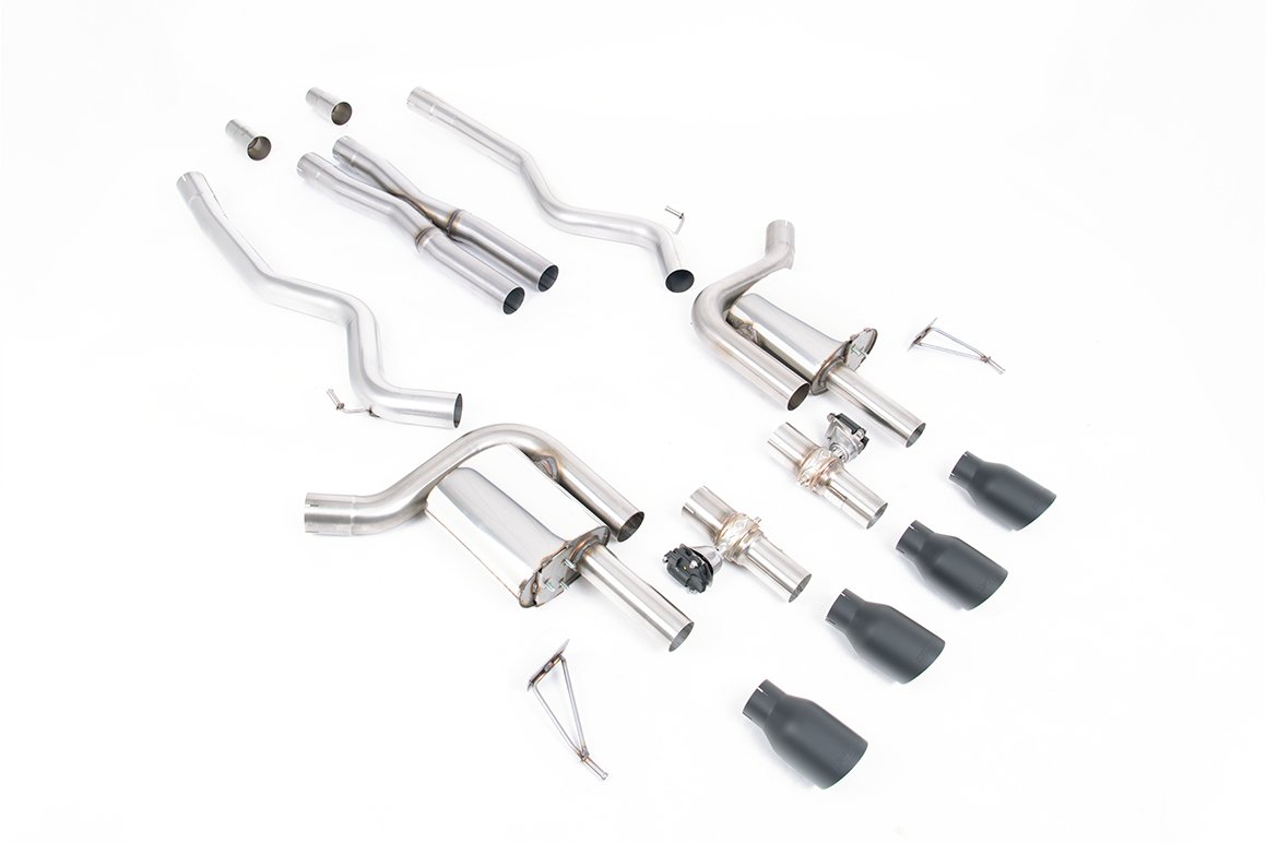 Ford Mustang 5.0 V8 GT (S650 Fastback) – Active con válvulas cat-back con X-Pipe y colas negras Cerakote