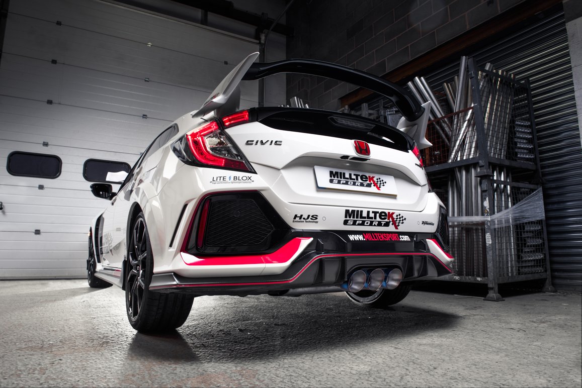 Honda Civic FK8 Type R – Escape cat-back no resonado (sonido más intenso) con 3 x titanio azulado GT-100 salidas