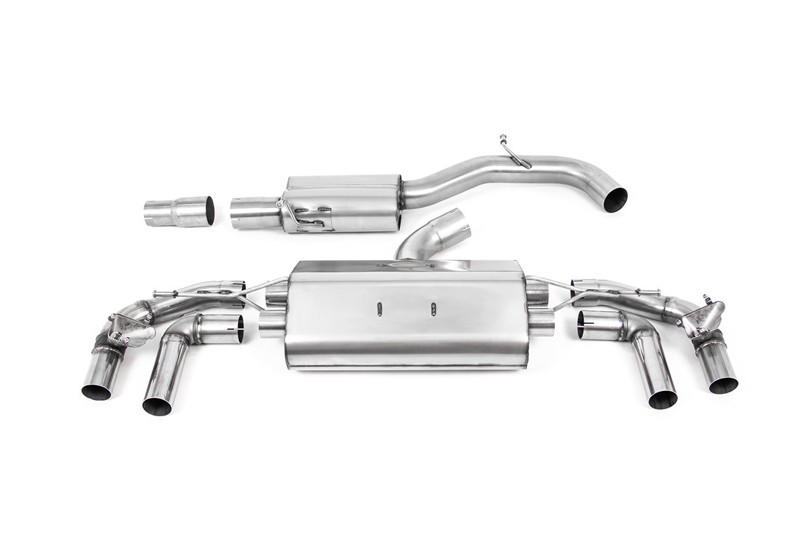 VW Golf R MK8/MK8.5 – 80MM resonado (más discreto) sistema de escape desde OPF con colas GT-115 negras Cerakote