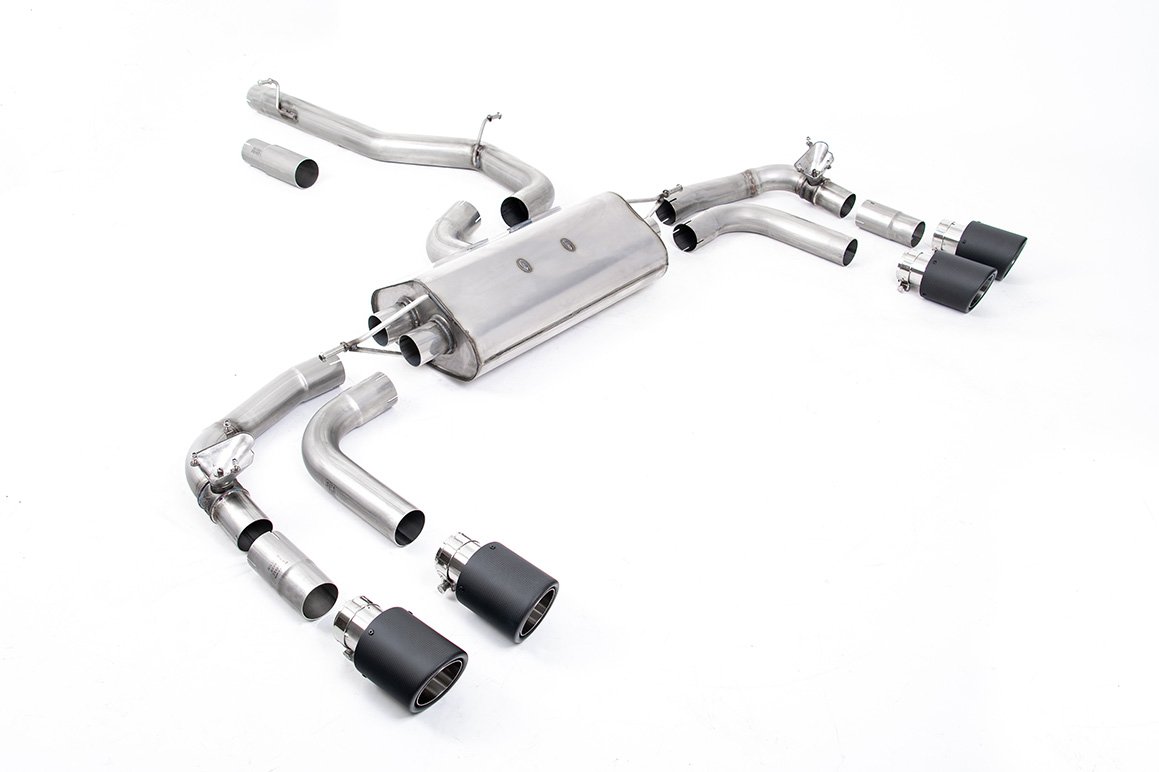 VW Tiguan R EA888.4 MQB EVO (modelos con GPF) – escape desde OPF/GPF no resonado (sonido más intenso) con salidas JET-100 de carbono – reutiliza los actuadores originales de las válvulas