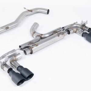 VW Golf R MK7 – 80mm Race cat-back con colas GT-100 negras Cerakote (no resonado – sonido máximo)