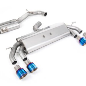 VW Golf R MK7.5 2.0 TSI 310ps (modelos sin GPF y 76 mm sistemas) – sin válvulas y escape cat-back de competición resonado (sonido más discreto) con salidas GT-100 de titanio azulado redondas