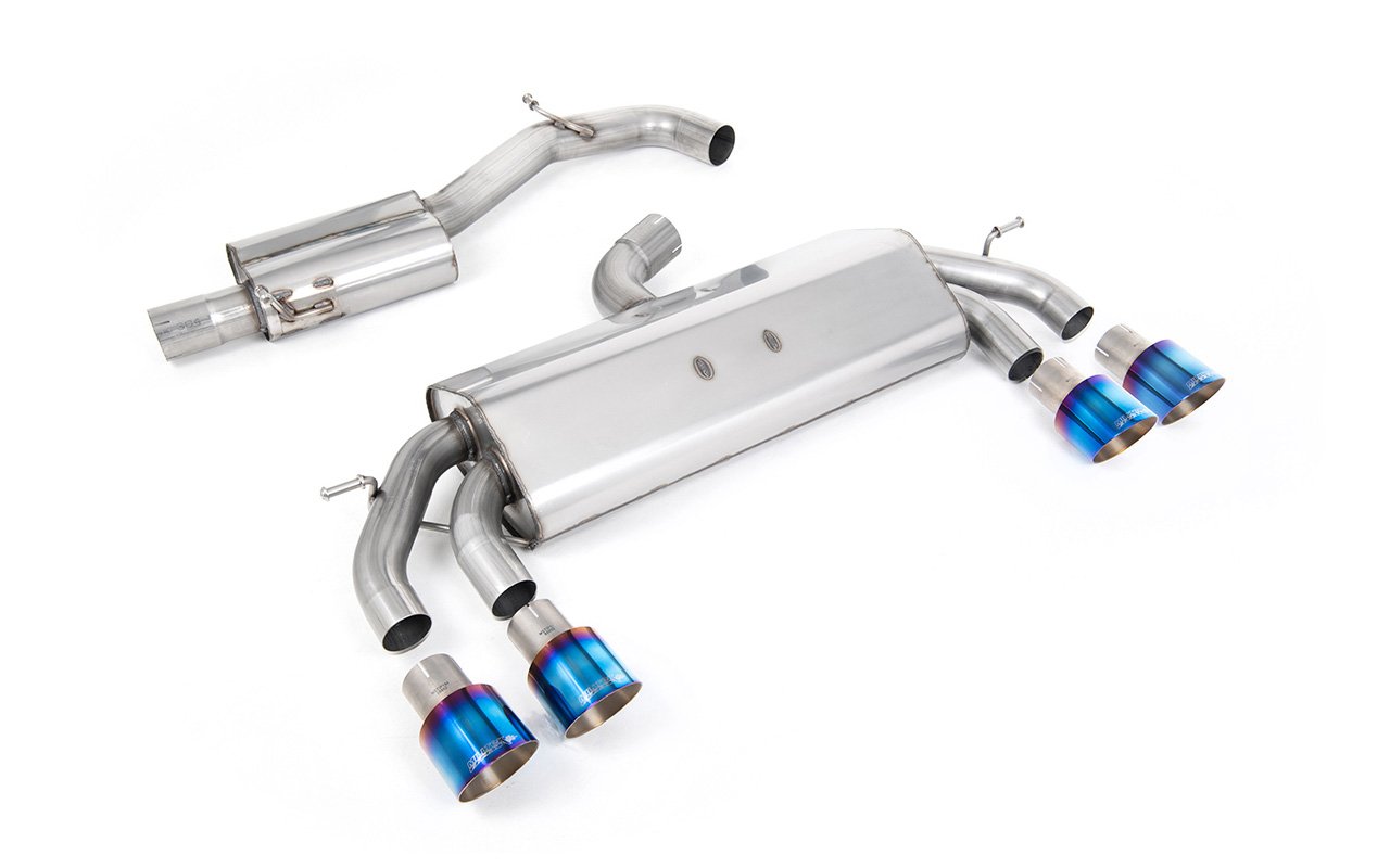VW Golf R MK7.5 2.0 TSI 310ps (modelos sin GPF y 76 mm sistemas) – sin válvulas y escape cat-back de competición resonado (sonido más discreto) con salidas GT-100 de titanio azulado redondas
