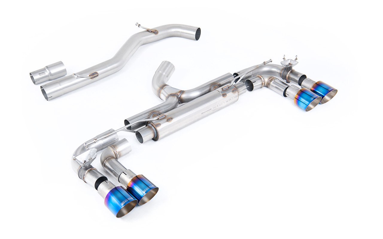 VW Golf R MK7 – 80 mm cat-back de competición con salidas GT-100 de titanio azulado (no resonado – máxima intensidad de sonido)