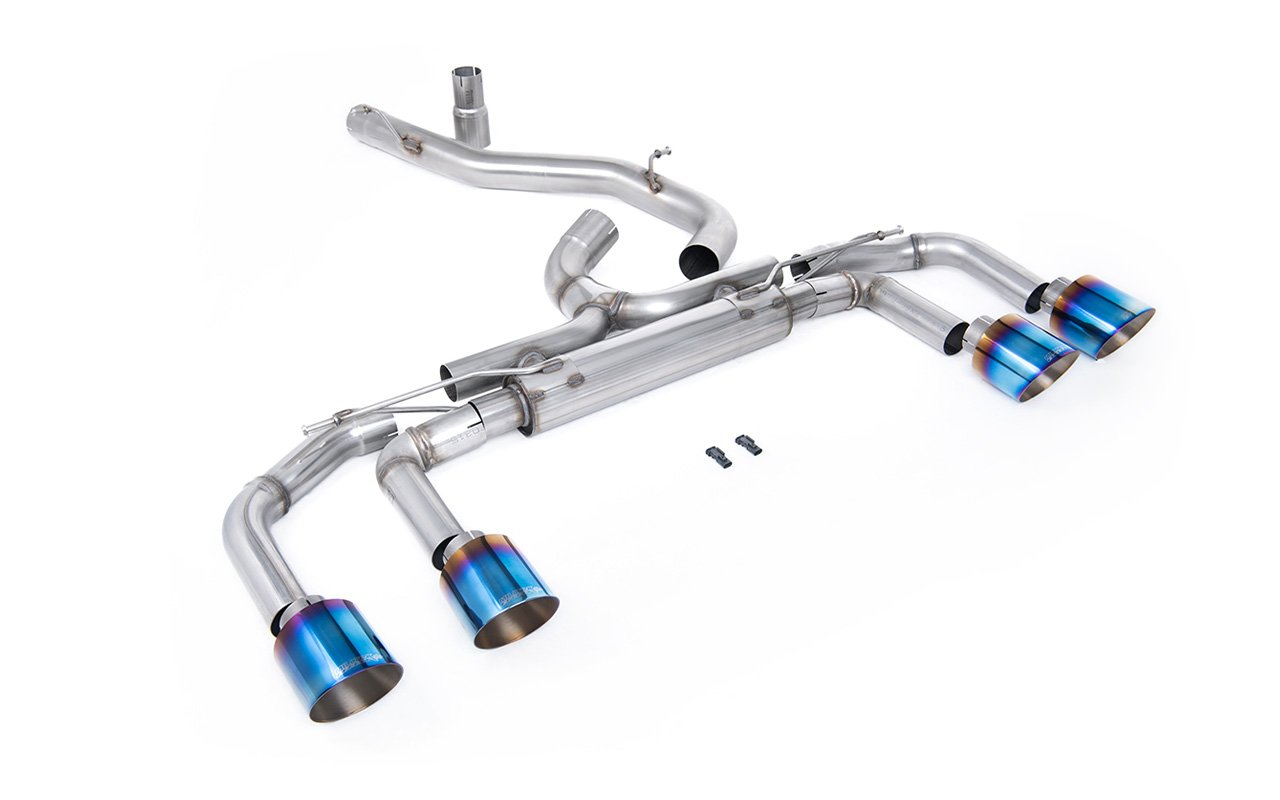 VW Golf R MK8/MK8.5 – 80 mm sistemas sin válvulas con salidas de titanio azulado (sistema de competición – máxima intensidad de sonido)