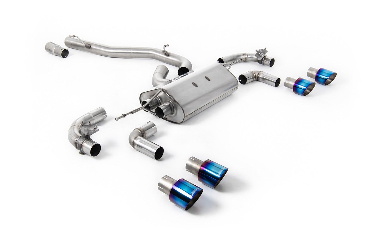 VW Golf R Mk7.5 – 80 mm / 3.15 pulgadas con válvulas no resonado (sonido más intenso) sistema de competición con salidas GT-100 de titanio azulado redondas