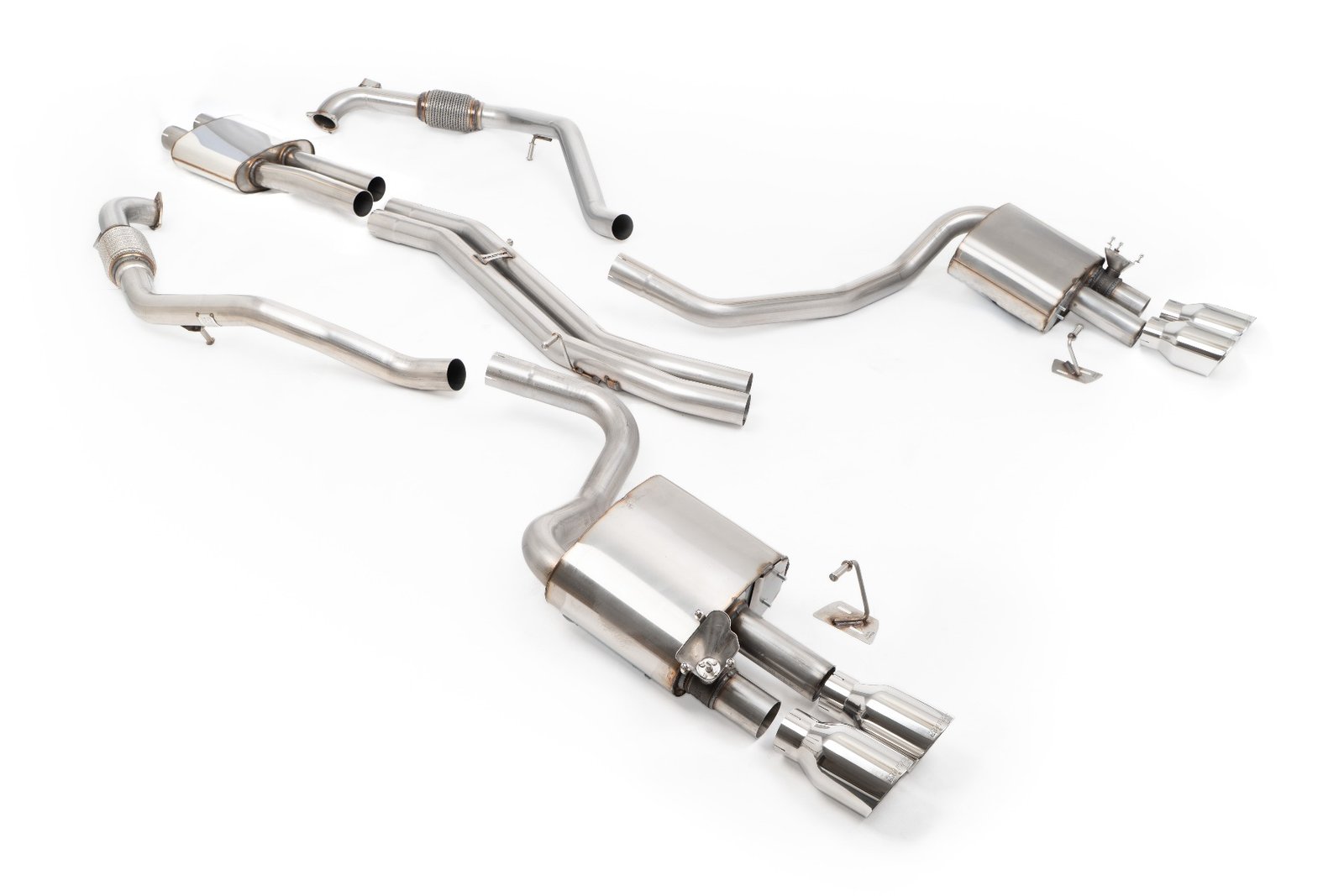 Audi S4/S5 B9 Sport Diff without Brace Bars – Resonated (Quieter) Cat-Back Exhaust System with Quad GT-100 Polished Trims